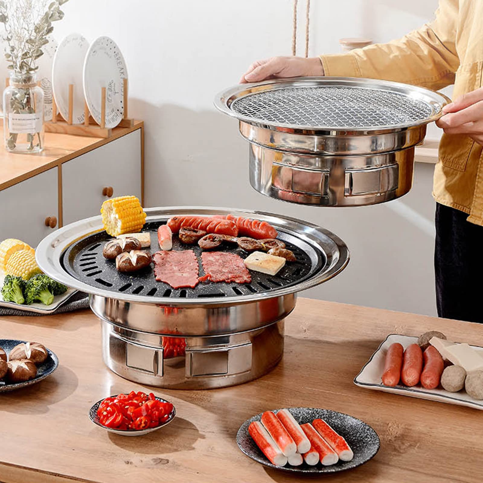 Griglia multifunzione 33 cm, griglia a carbonella, coreana, carbonella, griglia rotonda, griglia da tavolo, rete e vassoio, per cortile, picnic, spiaggia, campeggio