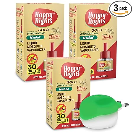 Happy Night 45 ML Mosquito Refill with Machine/ Active Tulsi Mosquito Refill/ Mosque Repellent/ Liquid Vaporizer for Mosquito/ Natural Insect Repellent/ Room freshner/Safe for Kids & Baby/ 1 Mosquito Machine + 3 Refill (45ml each)