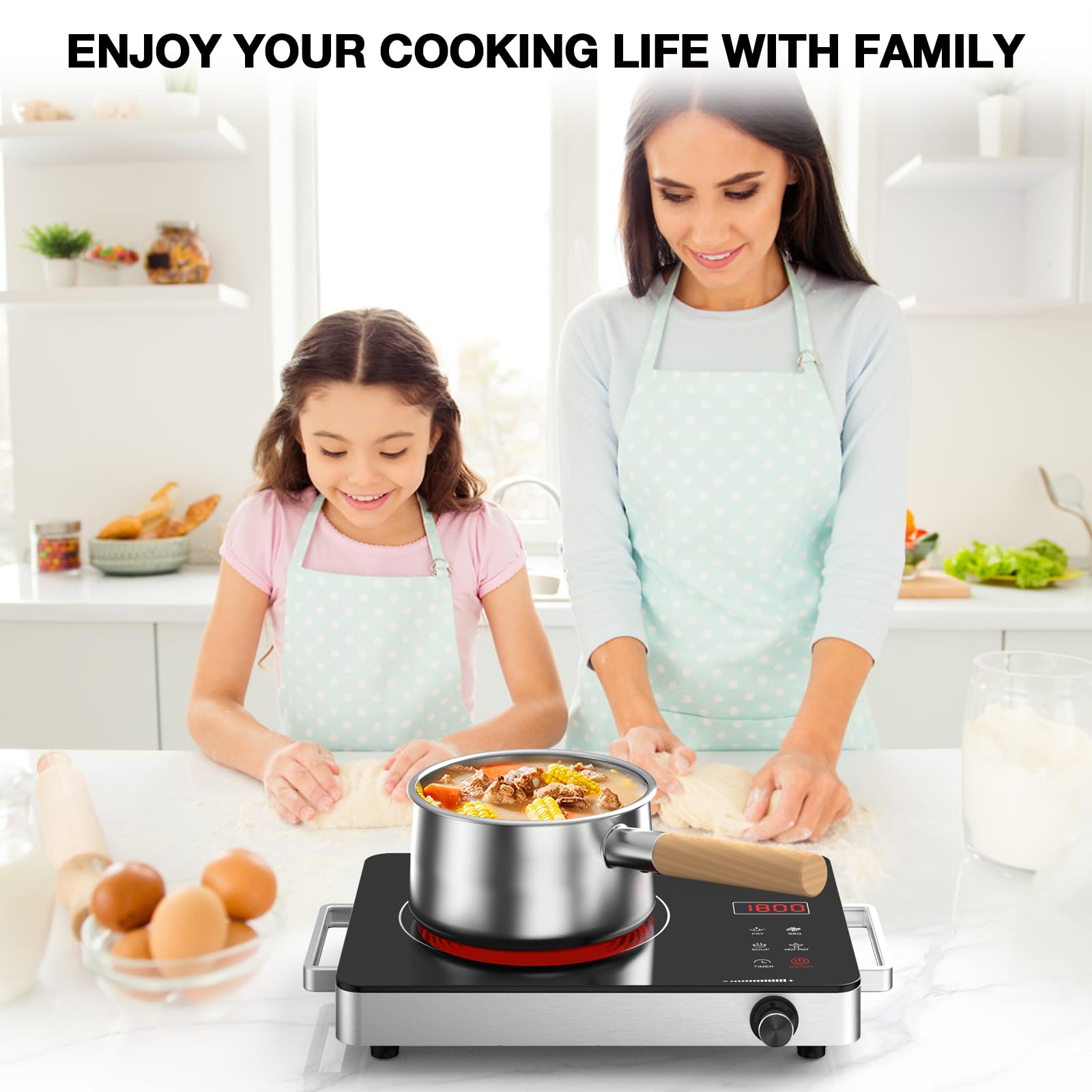 Electric Cooktop, Portable Electric Cooktop 1800W Single Burner Stove 110V with Plug, Hot Plate Countertop, Child Safety Lock, Timer, Infrared Burner,Touch and Knob Control view 6