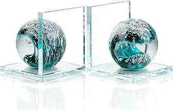 Book Ends for Shelves, Glass Bookends with Dark Blue Glass Hand Blown Sea Wave Ball, Non Skid Sturdy Decorative Bookends for Ocean Lovers, Heavy Books, Office, Set of 2