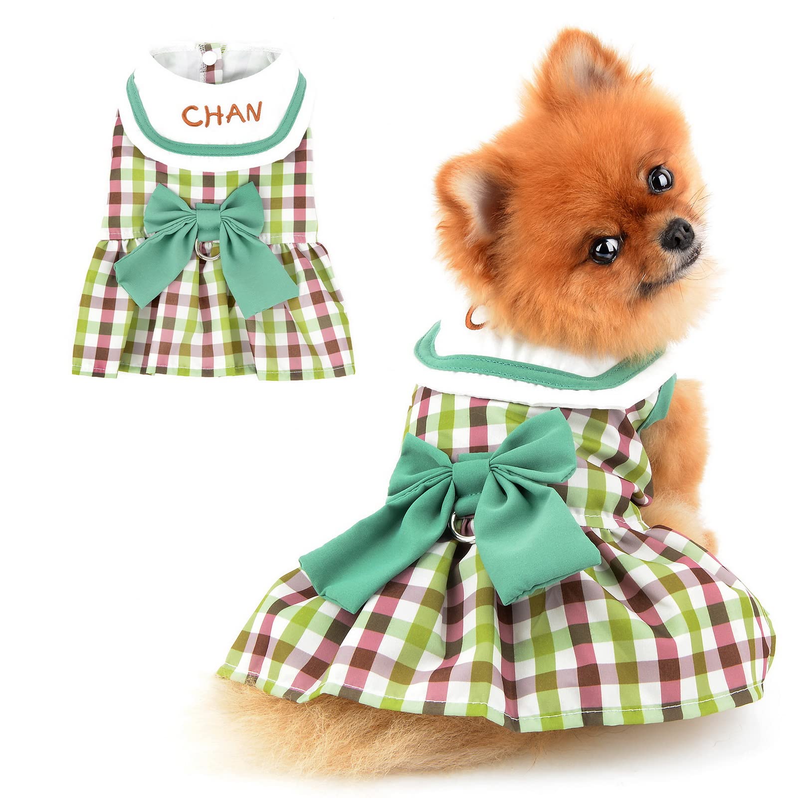 PAIDEFUL Small Girls Dog Cat Dress Cute Plaid Bow Spring Summer Soft Comfortable Puppy Clothes Button Sleeveless Princess Kitten Apparel D-ring Birthday Party, Green, S