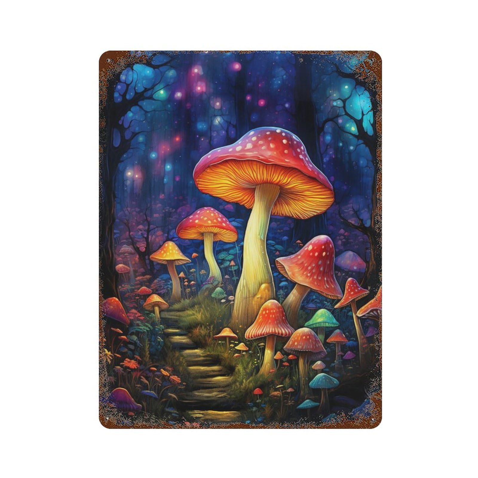 Rust Effect Mystical Mushroom Forest Pathway Retro Metal Sign 15.7"x11.8", Farmhouse Wall Decor for Living Room, Hallway And Home Decor