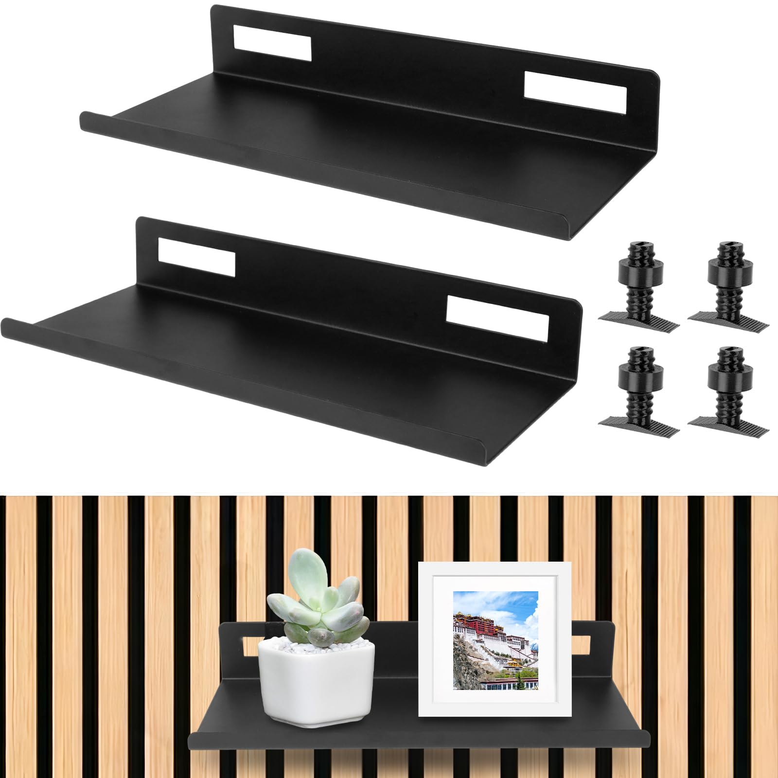 LOMGDOVC Acoustic Wall Panel Shelf, 2 Pack Metal Wall Shelves No Drilling, Acoustic Panel Shelves Floating Display, Acoustic Panel Accessories for Slat Wall, Black 25×10cm