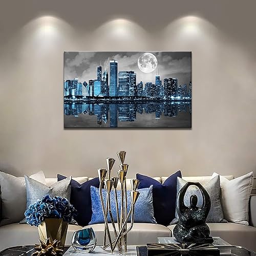 Miniatura 2 de Biuteawal Arte de pared negro blanco y azul de la ciudad, cuadros de Chicago, decoración de imágenes de luna, noche, paisaje urbano, horizonte,