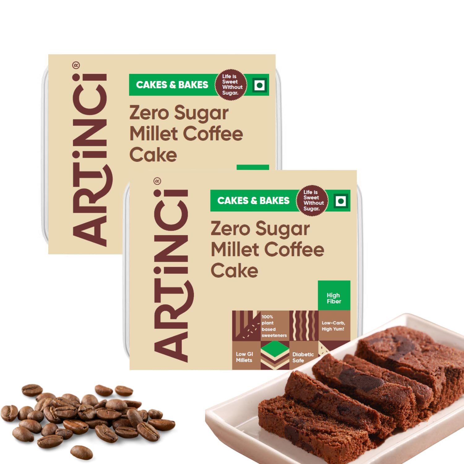 Artinci Eggless Coffee Cake (150g X Pack of 2), Sugar Free & Diabetic Friendly, Rich Filter Coffee Taste, High Fibre & Low Carb, No Maida, Low GI, Healthy Baked Snacks, As seen on Shark Tank