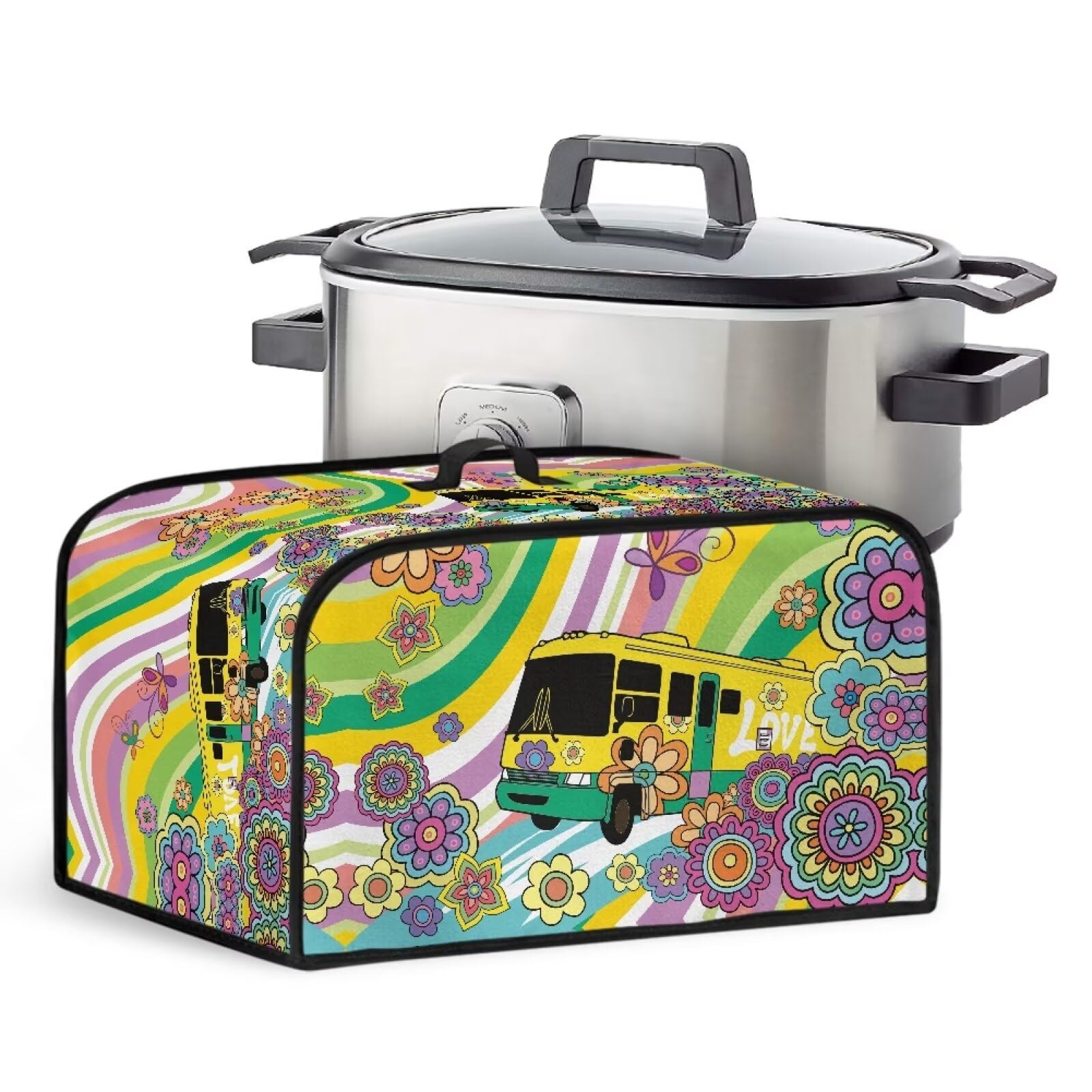Rainbow Bus Slow Cooker Cover with Side Pockets Kitchen Accessories Organizer Durable Dust Covers Fit for Most Oval