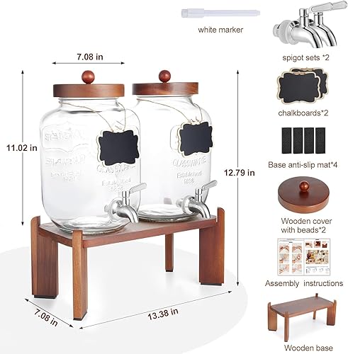Miniatura 2 de Dispensador de bebidas de vidrio con soporte de madera, dispensador de bebidas de 1 galón para fiestas con espiga de acero inoxidable 188 a prueba