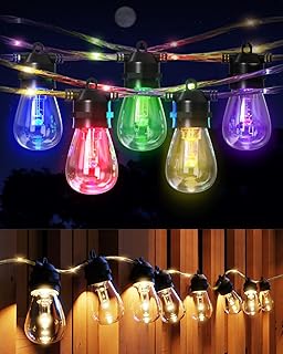 JACKYLED 160 LED Outdoor String Lights, 48FT RGB Patio Lights with Rope Fairy, Waterproof Edison Bulb String Lights for Outside Indoor Christmas Halloween Party, Remote Control, Warm ＆Multi,1 Pack