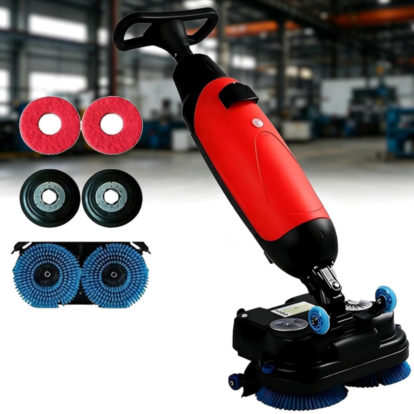 Cashwise Red Walk Behind Floor Scrubber, Commercial Floor Buffer Machine, 17” Path, Cordless Operations, Double Brushes And 360° Swivel Head 4.5L + 7.5L Dual Tanks For Large Area Cleaning