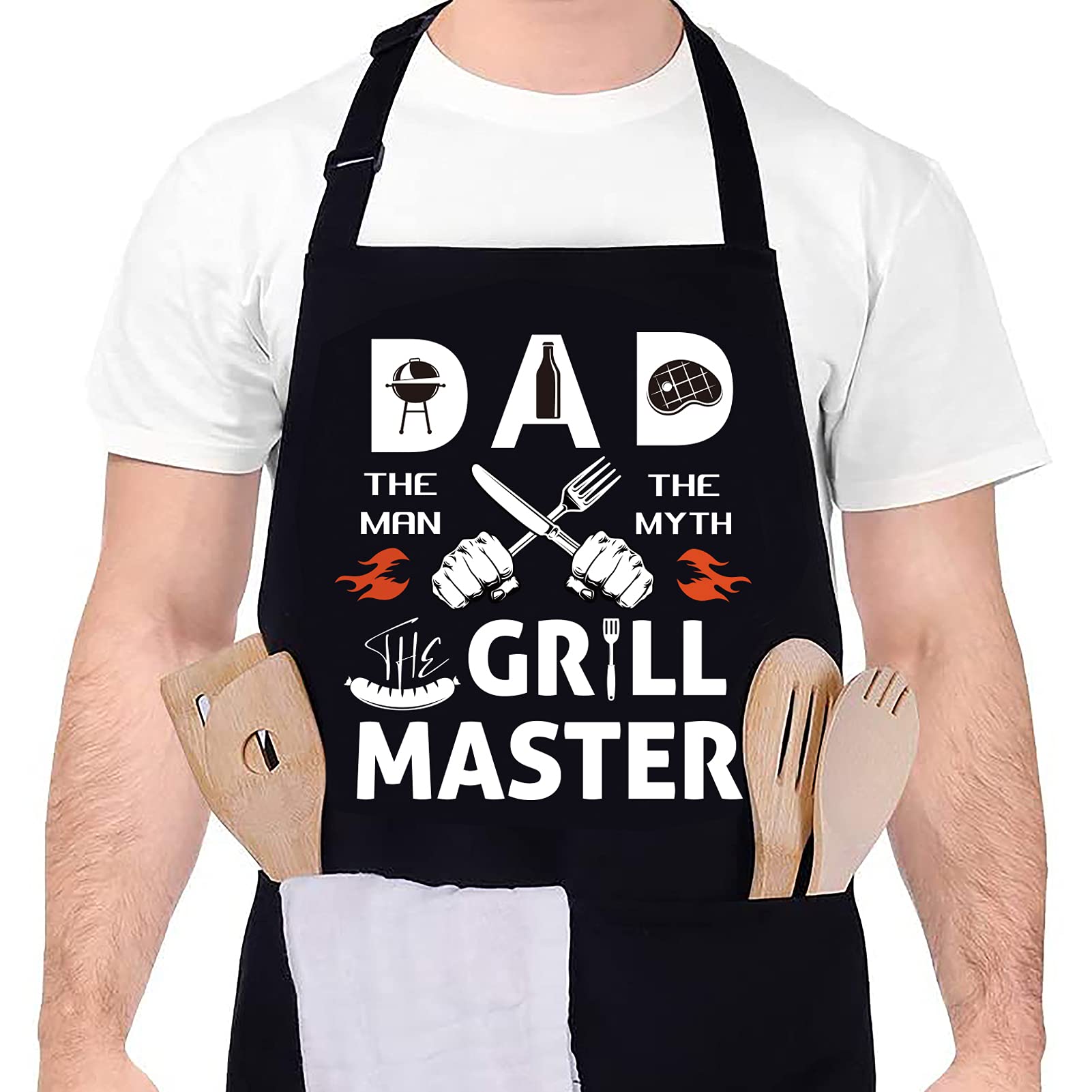 cluis Funny BBQ Cooking Novelty Apron, DAD Grill Master Funny Kitchen Apron with Pockets Adjustable Chef Black Aprons Birthday Gifts for Him Father Dad Husband,Boyfriend(Black)