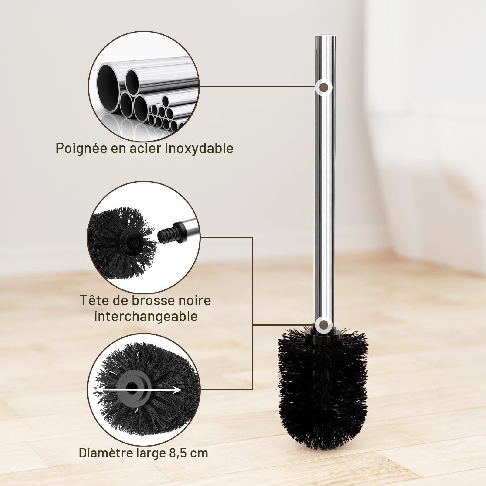 Porte-papier en acier inoxydable avec brosse de toilettes et étagère en verre argent