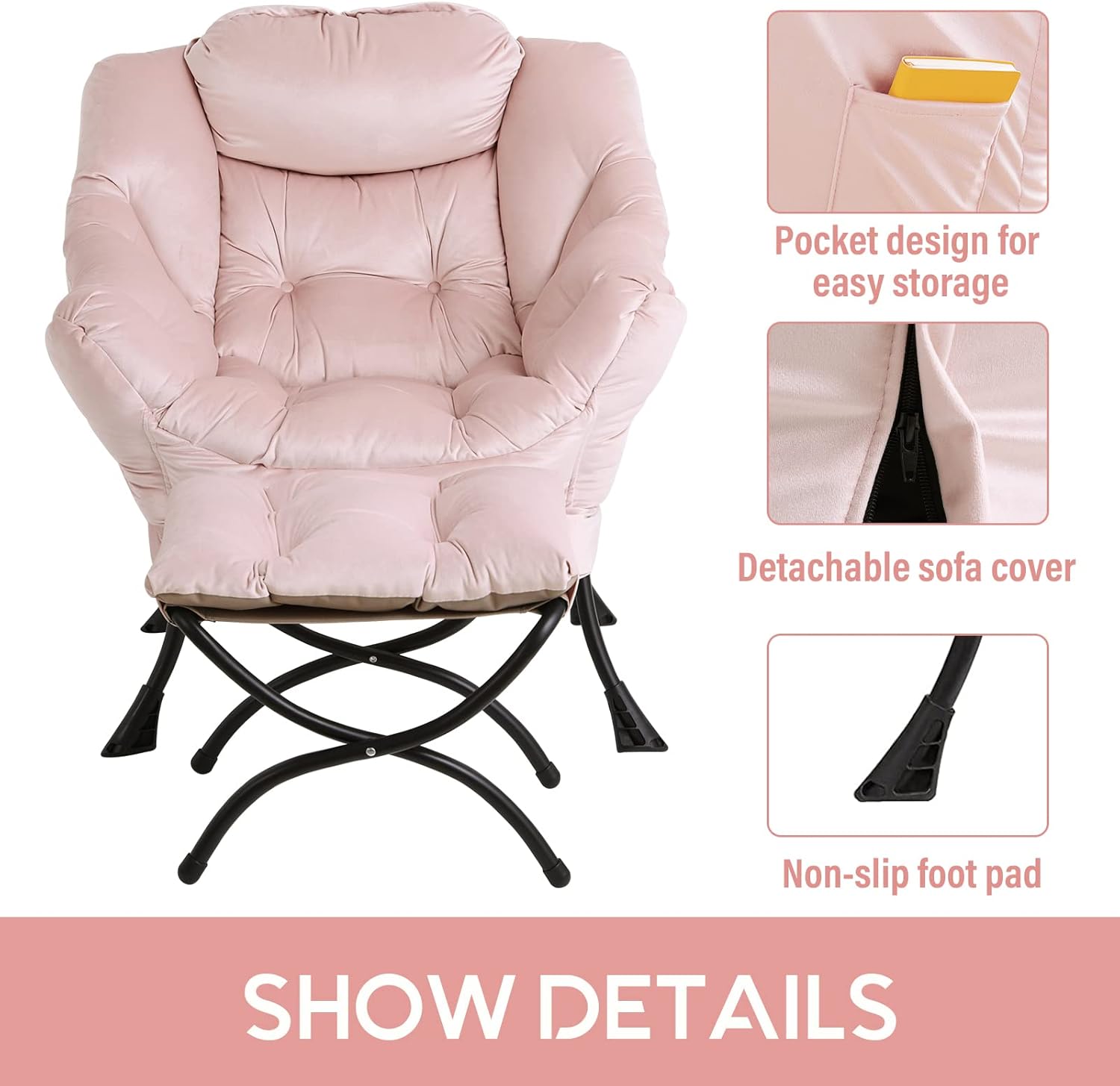 LITA Lazy Chair with Ottoman, Modern Accent Leisure Upholstered Sofa Chair, Contemporary Lounge Reading Chairs with Armrests and a Side Pocket for Living Room, Bedroom & Small Space, Pink - Image 4