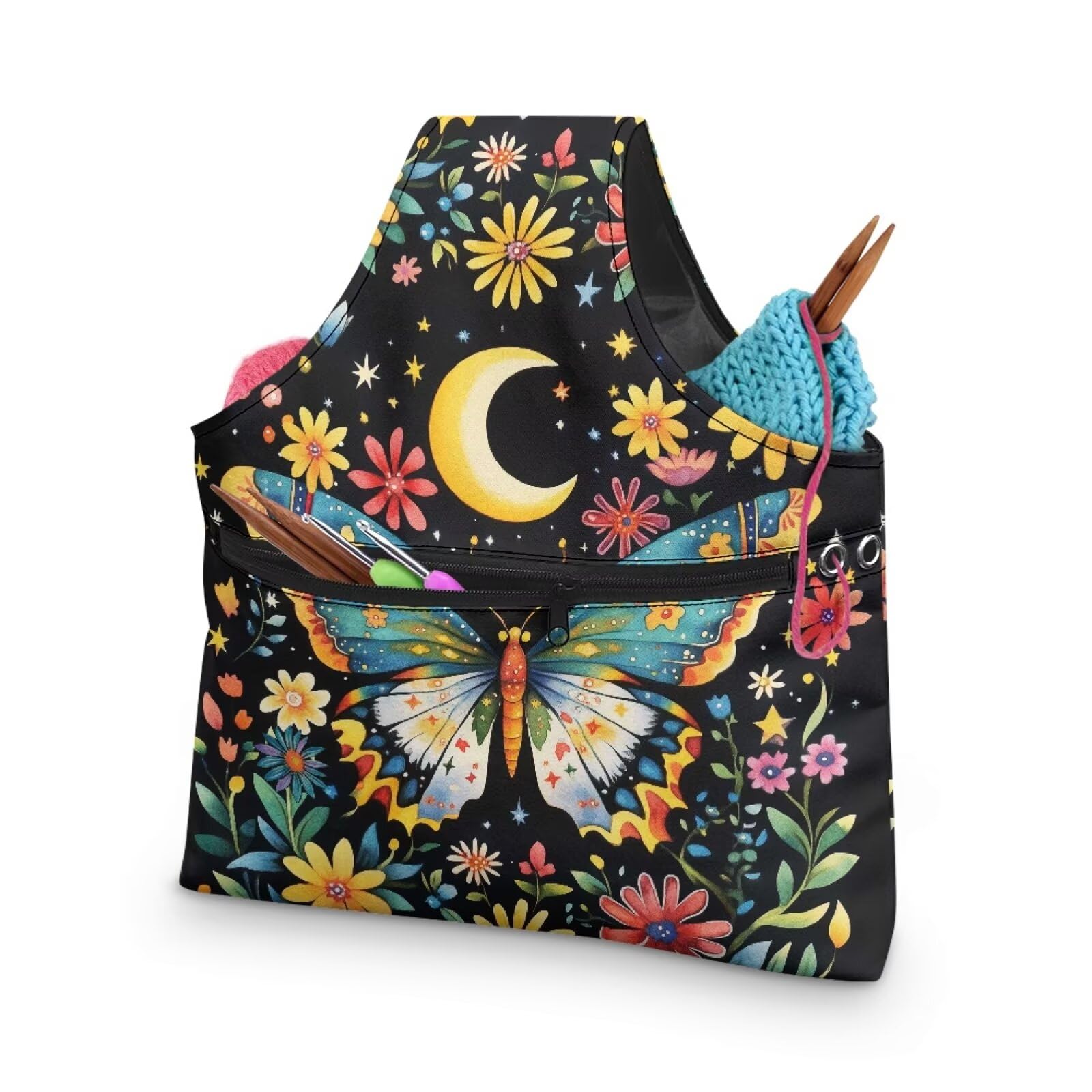 ASQVTIFE Butterfly Yarn Project Bag Colorful Flowers Yarn Holder for Crocheting Knitting Needles Holder Bag Travel Knitting Small Yarn Storage Bags Organizer for Holding Yarn Crochet Needles