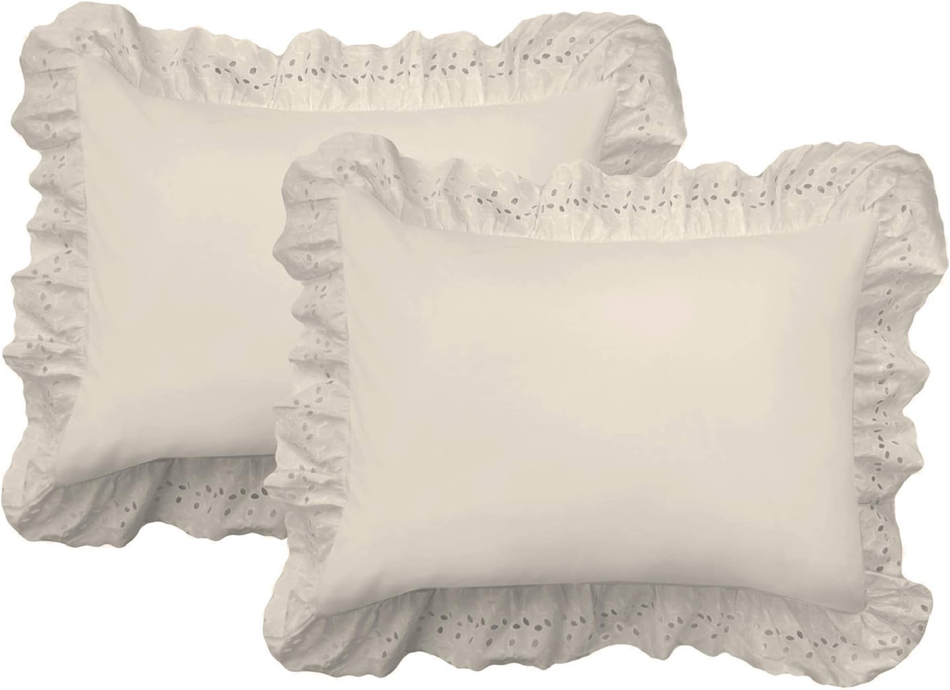 FRESH IDEAS Ruffled Bed Pillow Embroidered Detail Eyelet Shams Set, 2-Pack, Standard, Ivory