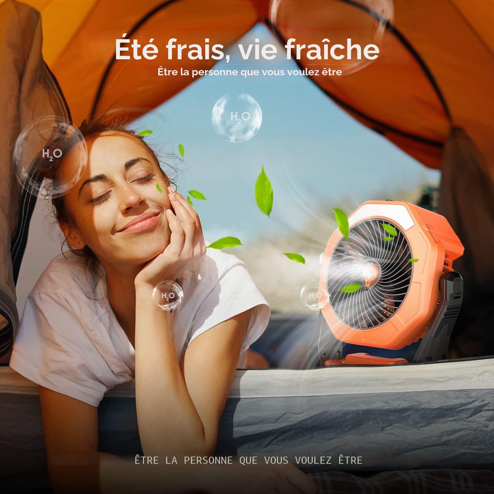 Ausic Ventilateur brumisateur portable pour refroidissement extérieur, [24 à 90 heures] Ventilateurs de brume à piles avec brumisateurs d'eau et lanterne LED, réservoir de 20,3 cm, réservoir de 250 ml