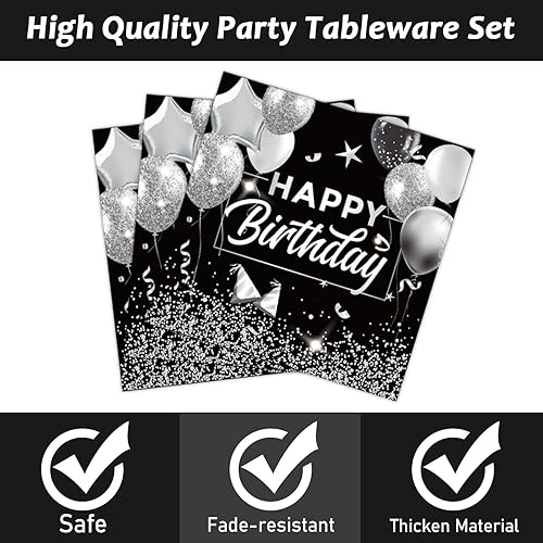 Miniatura 25 de Juego de vajilla para fiesta de cumpleaños de 96 piezas, color negro y dorado, platos y servilletas de fiesta negros, suministros de papel