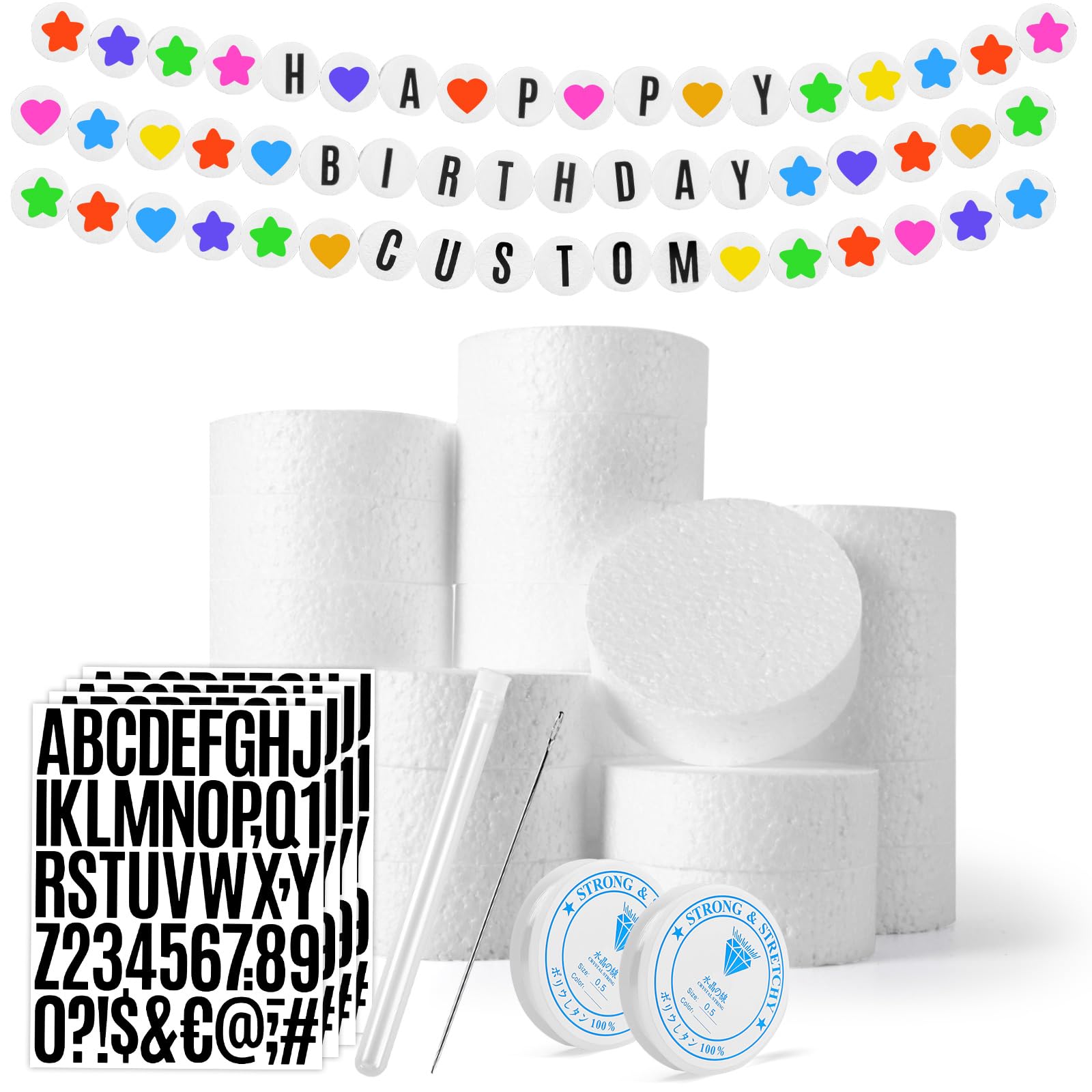 GOGOSO Foam Circles for Crafts DIY Project, Foam Discs Round Polystyrene Circles with Letter Stickers, Fishing Line, Needles for Friendship Bracelet