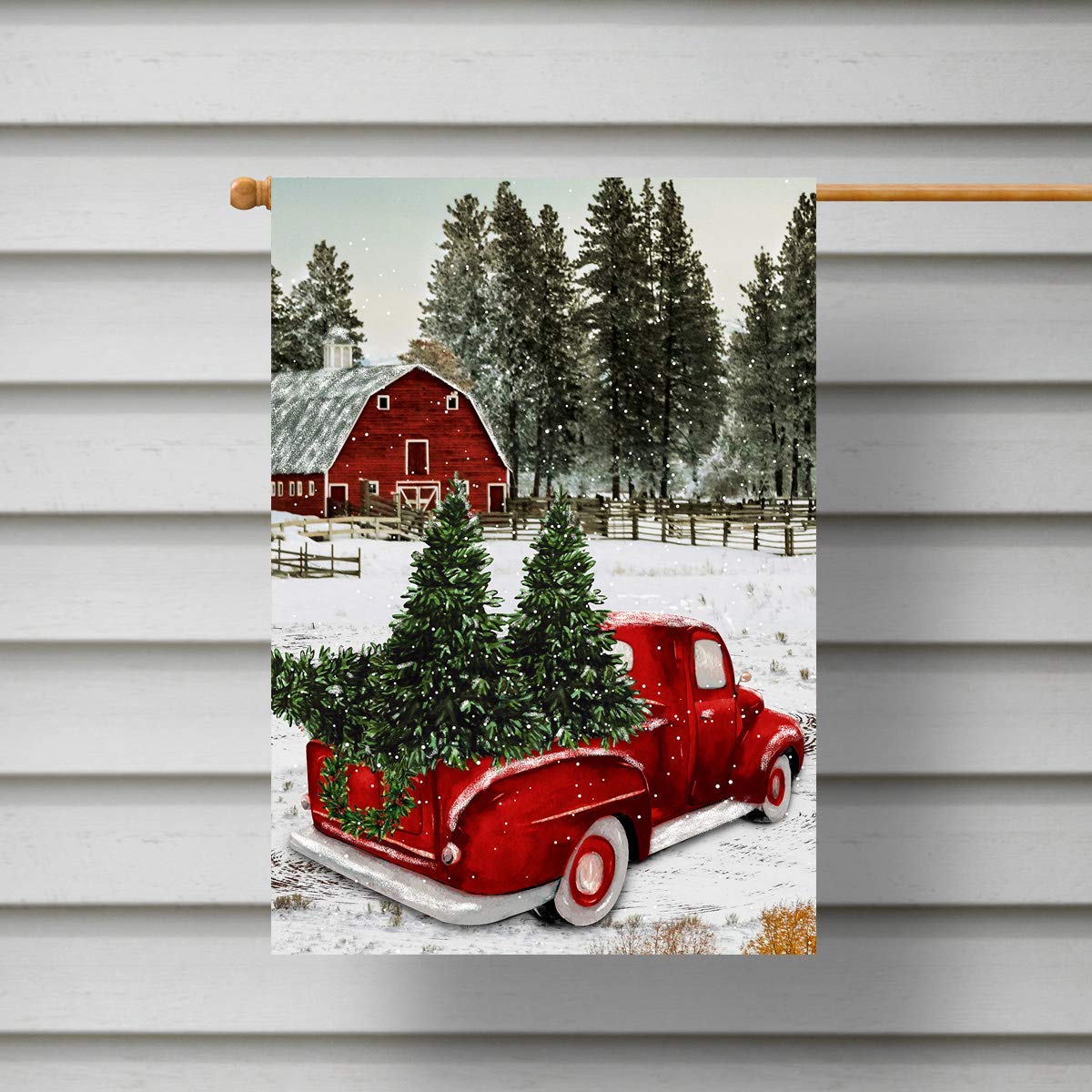 Texupday Welcome Winter Christmas Red Truck Decoration Snow Scene Holiday House Flag Outdoor Yard Flag 71 cm x 101.6 cm
