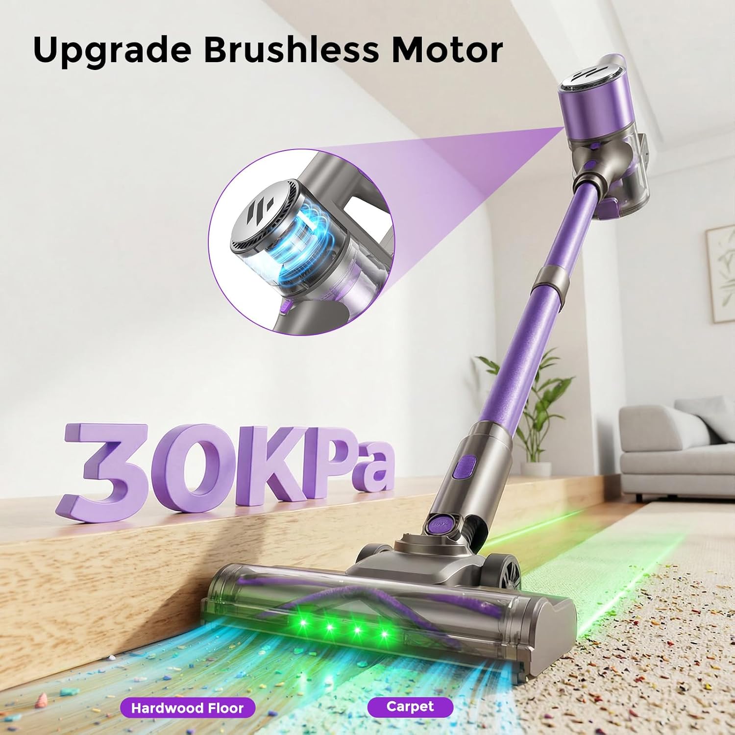 MBTTODF Cordless Vacuum Cleaner,Vacuum Cleaner for Home with Brushless Motor,Lightweight Stick Vacuum with Self-Standing and Touch Screen,Hardwood Floor Vacuum for Pet Hair,Carpets,Tile(Light Purple)
