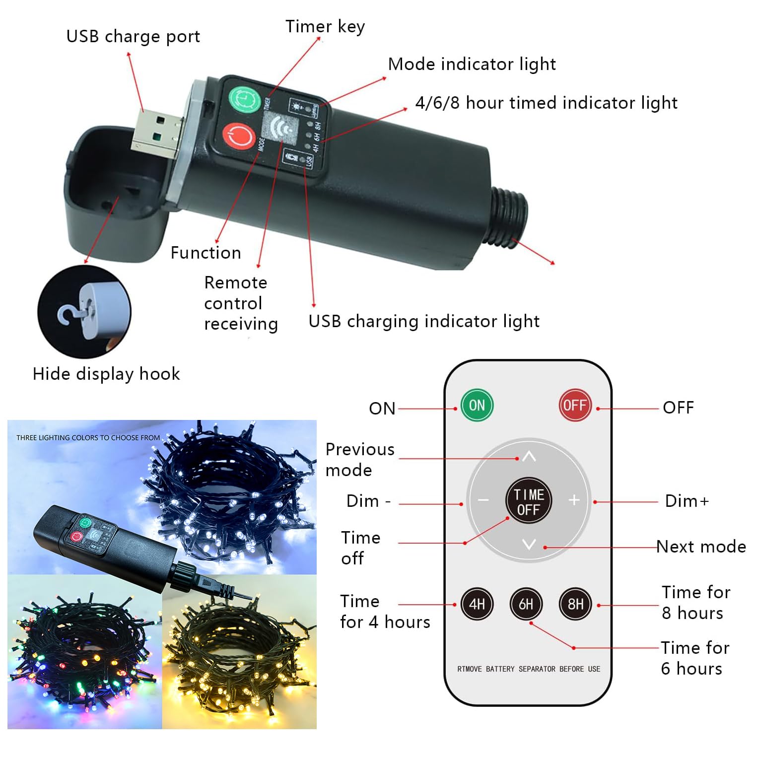 Cadena de luces LED recargable por USB, con mando a distancia, 8 modos, impermeable, funciona con pilas, alambre de cobre, luces de hadas para bodas (multicolor, 30 m, 300 LED)