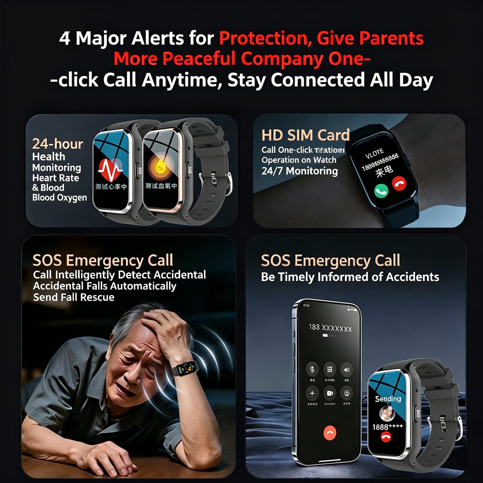 Smartwatch Para Personas Mayores, Seguimiento Por GPS, Alertas De Detección De Caídas, Botón SOS, Videollamadas HD De 1.6″, Soporte Multilingüe, Monitoreo De Salud, Pulsera Antipérdida Silver