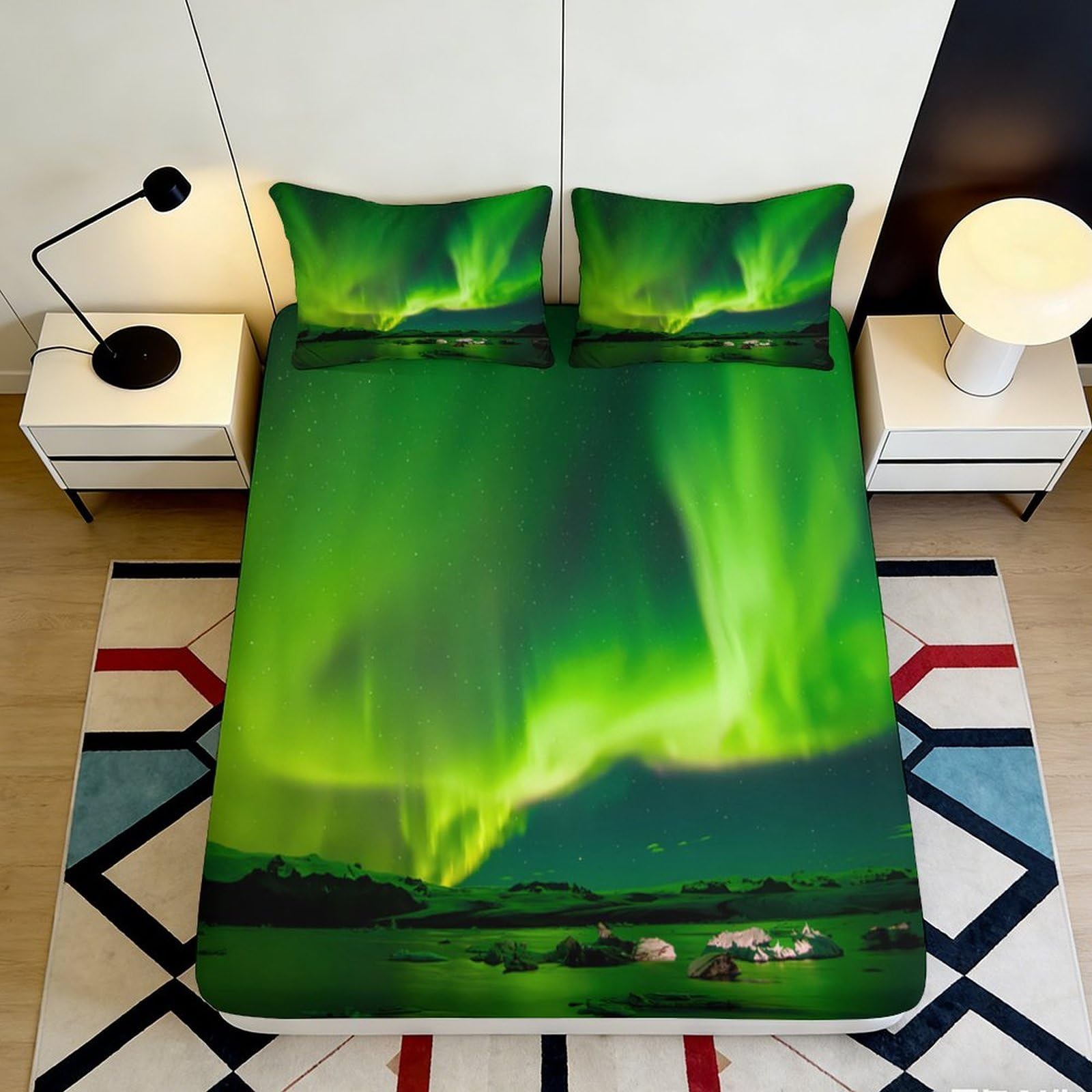 3D Printed Northern Lights Fitted Sheet Microfiber Soft Breathable Aurora Mattress Cover for Bedroom Guest Room Decor 120x200x25cm