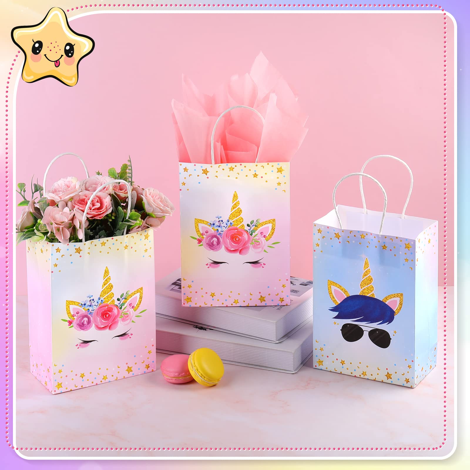 Sherr 30 Pcs Unicorn Party Favor Bags with Handles Tissue 8.3 Inches Paper Candy Treat Goodie Gift Unicorn Party Supplies for Kids Girls Boys Gender Reveal Baby Shower Birthday Decorations