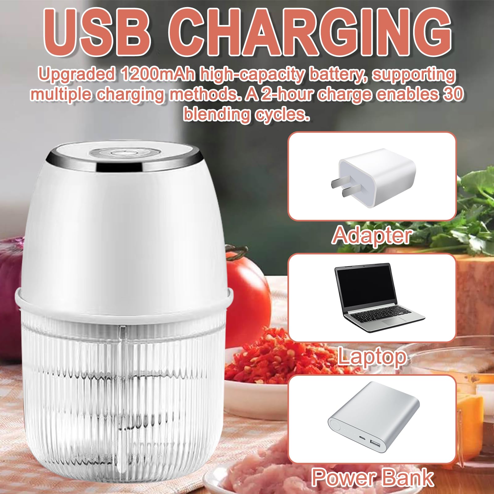 Elektrischer Küchenzerkleinerer, 350ML Zwiebelzerkleinerer Elektrisch, Tragbarer Mini-Zerkleinerer,Zwiebelschneider mit USB-Anschluss für Zwiebeln, Obst, Nüsse, Fleisch Knoblauch (Weiß)