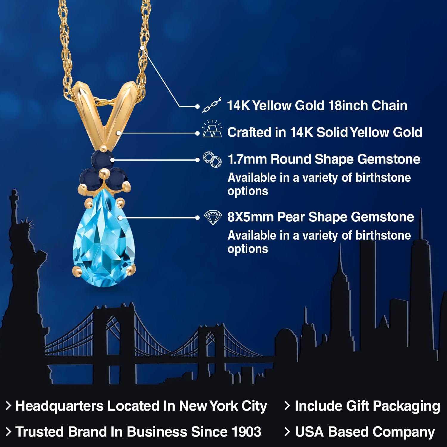Gem Stone King 14K Yellow Gold Swiss Blue Topaz and Blue Sapphire Pendant Necklace for Women | 1.07 Cttw | Gemstone November Birthstone | Pear Shape 8X5MM | With 18 Inch Chain - Image 2