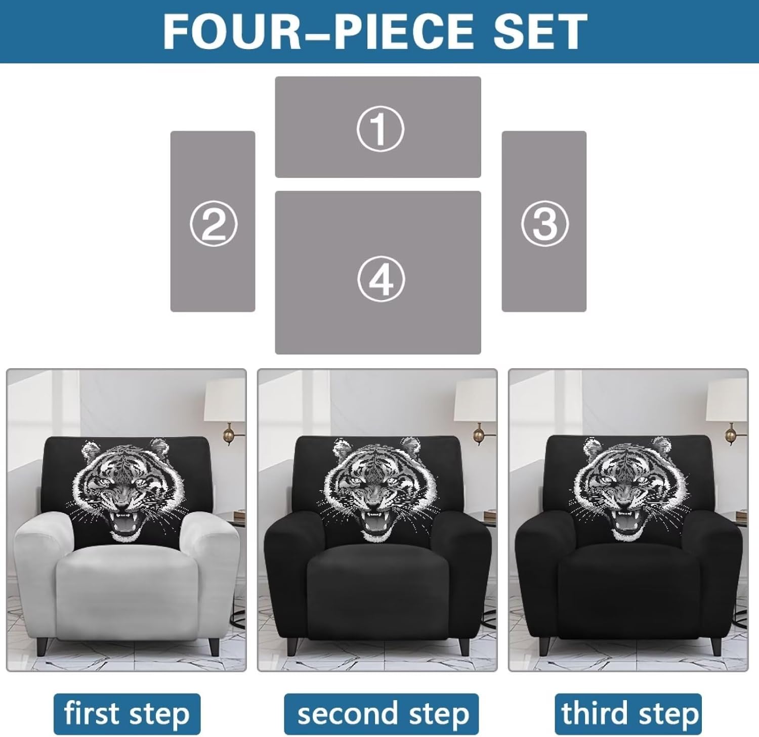 Fierce Tiger Stretch Recliner Chair Covers Slipcover Printed Cover for Electric Power Lift Reclining Chair with Storage Pockets Stretch Recliner Couch Slipcovers for Living Room Non Slip