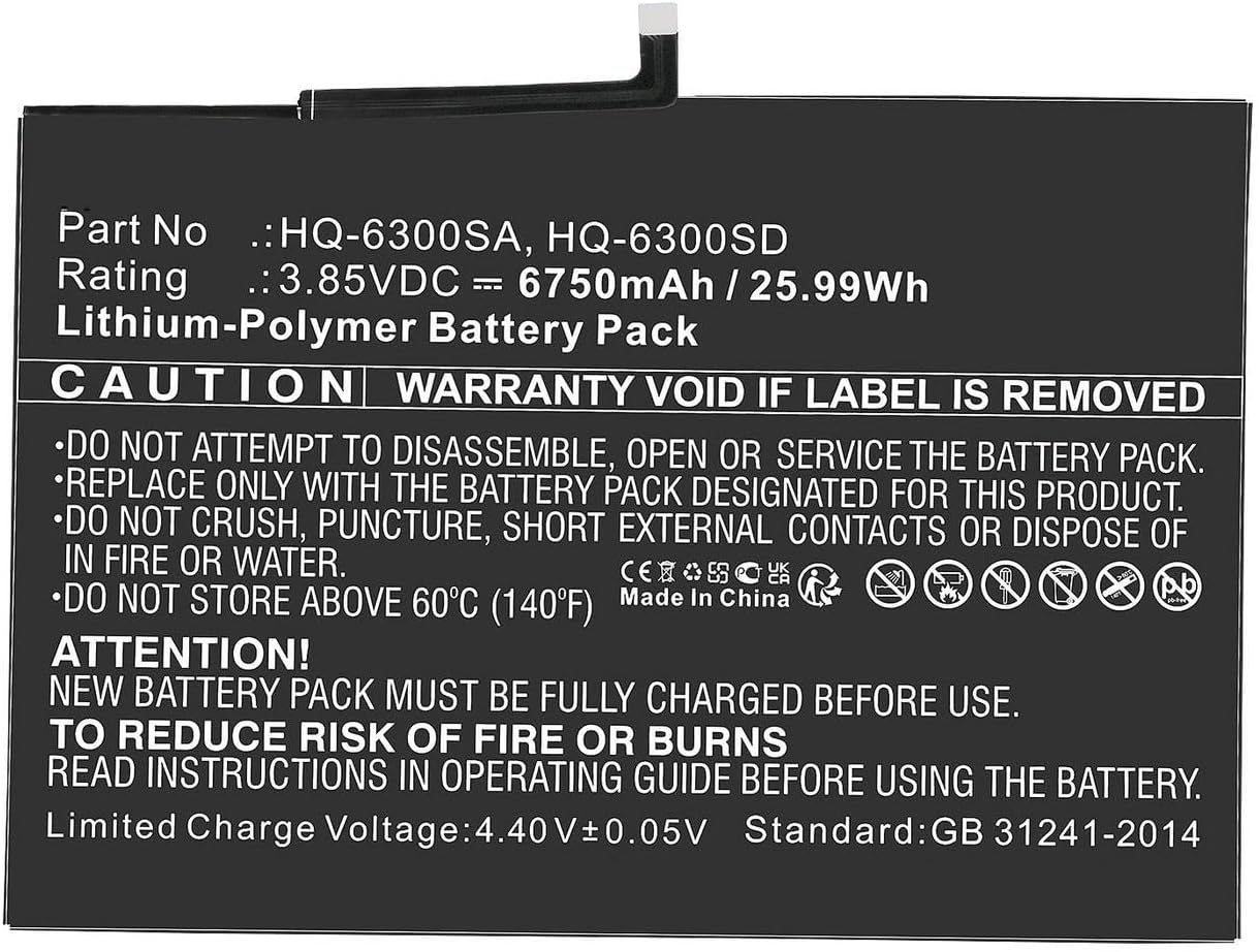 Sparepart Battery for Samsung Tablet 25.99Wh Li-Polymer 3.85V, HQ-6300SA, HQ-6300SD (25.99Wh Li-Polymer 3.85V 6750mAh Black for SM-X200, SM-X205, Tab A8 10.5)