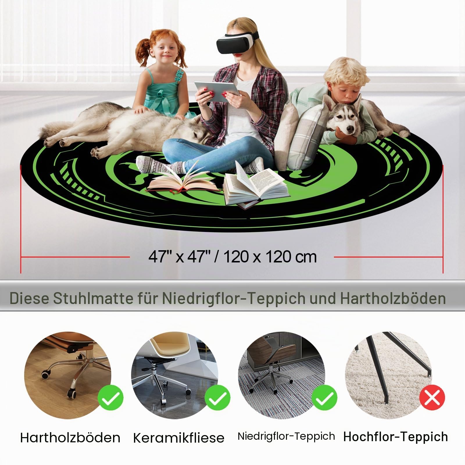 Bodenschutzmatte Gaming Bürostuhl Stuhlmatten für Teppiche mit niedrigem Flor und Hartholzböden, 120 x 120 cm runde Bodenmatten für Spielzimmer Schlafzimmer Wohnzimmer und Büro
