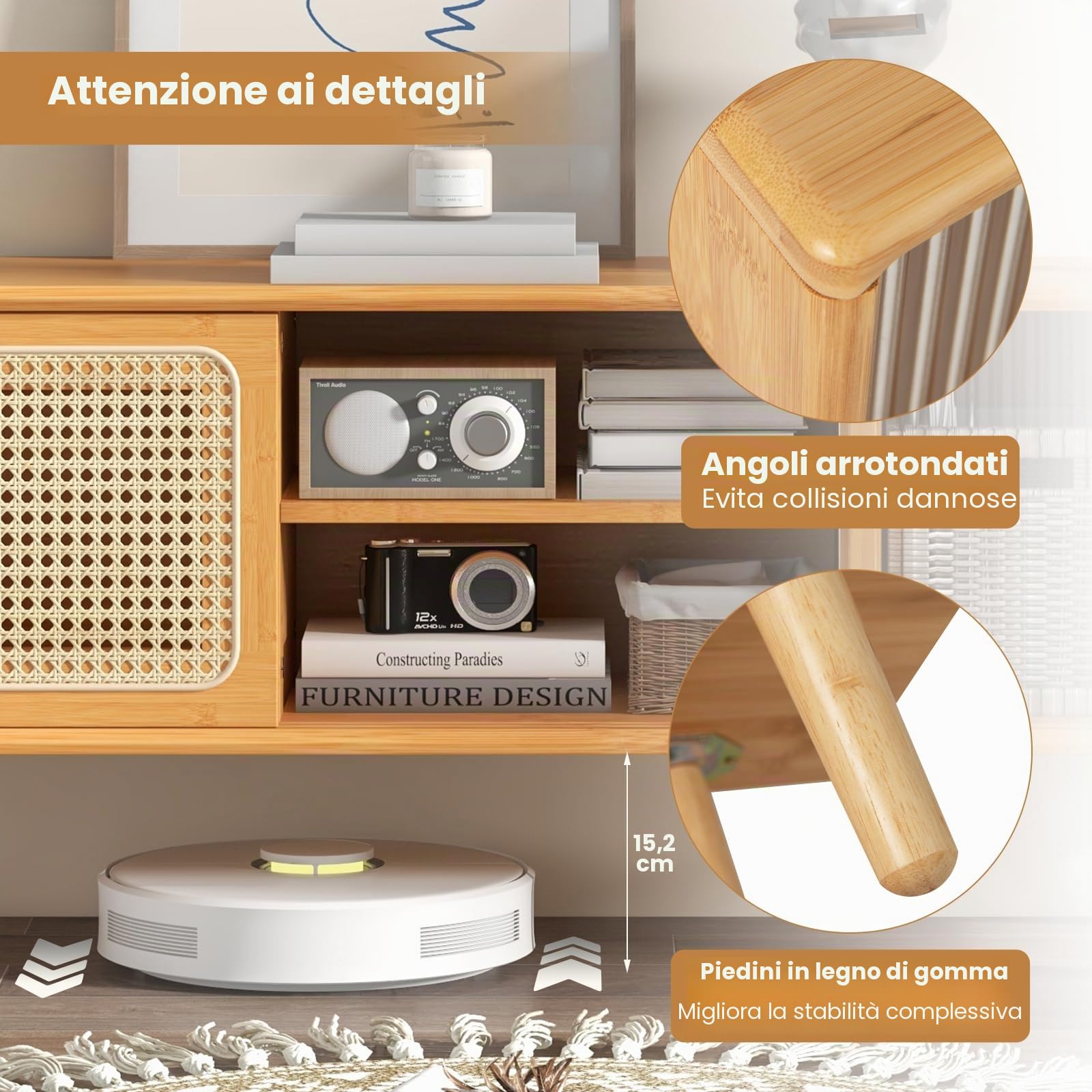 GIANTEX Mobile TV da 120 cm con 2 Ripiani，Supporto TV in Bambù, con Porte Scorrevoli in Rattan e Vetro Temperato,120,5x31x45,5 cm