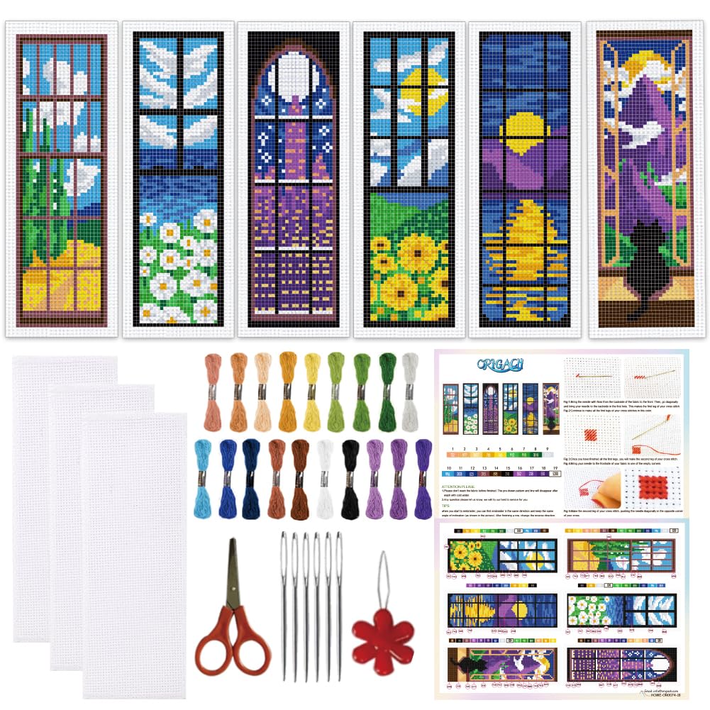 ORIGACH 6 Set Window & View Cross Stitch Bookmark Kit for Beginner with Backing Felt Floss Instructions DIY Stamped Embroidery Bookmark Kit for Adults, Book Lovers