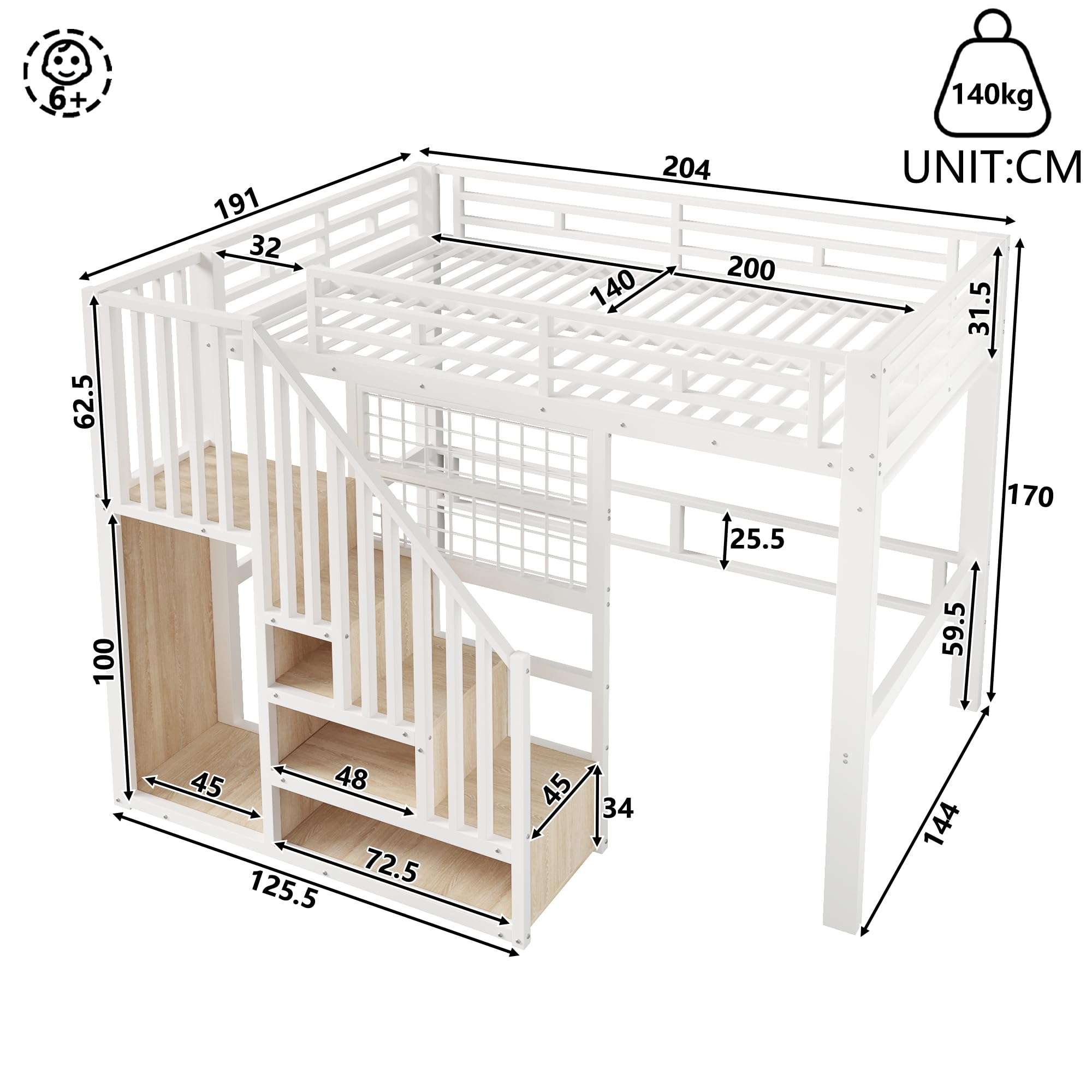 Merax Hochbett 140x200 cm mit Treppe und Stauraum, Metallbett Jugendbett mit LED-Beleuchtung, Gitterwand & Leinwand-Halterung, Platzsparendes Bettgestell (ohne Matratze & Leinwand), Weiß