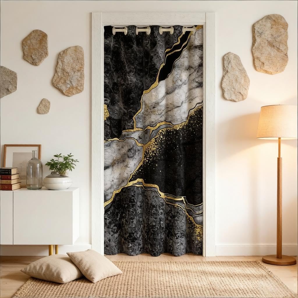 Loussiesd Black Marble Doorway Curtain Privacy Door Cover Curtain Modern Marble Privacy Heat Blocking Blackout Door Curtain Abstract Darkening Blackout Curtains for Bedroom86x203cm 1 Panel — image 1