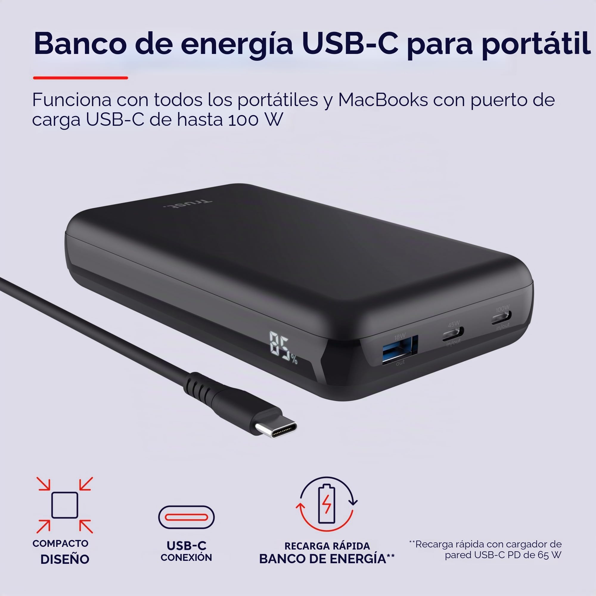 Trust Laro Power Bank 20000mAh 100W para Portátil 2X USB-C 1x USB-A, Batería Externa Carga Rapida, Cargador Portátil Powerbank iPhone Macbook iPad Steam Deck Xiaomi DELL ASUS Lenovo HP