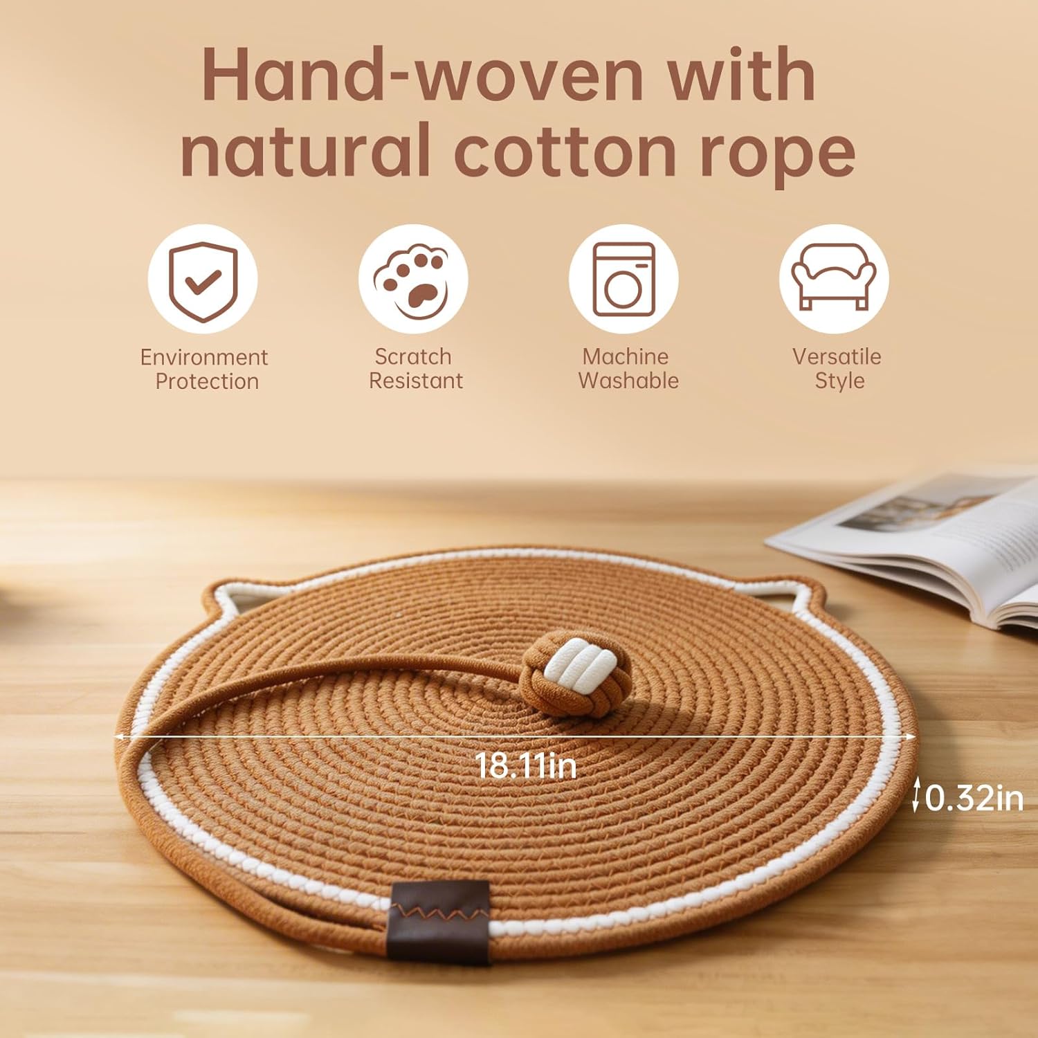 Cat Scratcher Mat, Natural Cotton Rope Cat Scratch Pad, 18.11'' Round Horizontal Floor Cat Scratching Pads for Indoor Cats, Cat Furniture Protector for Wall, Couch, Carpets, Sofas (white, Extra Large)