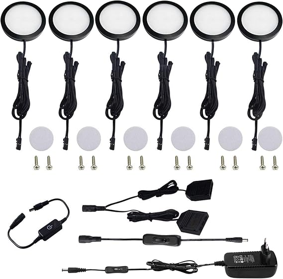 AIBOO AIBOO Onderbouwlamp keuken, led, zwart, dimbaar, kastverlichting, 6 stuks, warmwit met schakelaar en stekker, 230 V, vitrineverlichting, led-onderkast, verlichting, keuken, onderkastverlichting voor