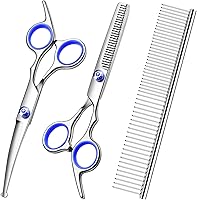 FAIGEO Professional Titanium Coated Dog Grooming Scissors Kit - 4-in-1 Curved, Thinning Shears, Comb for Dogs Cats (Blue)