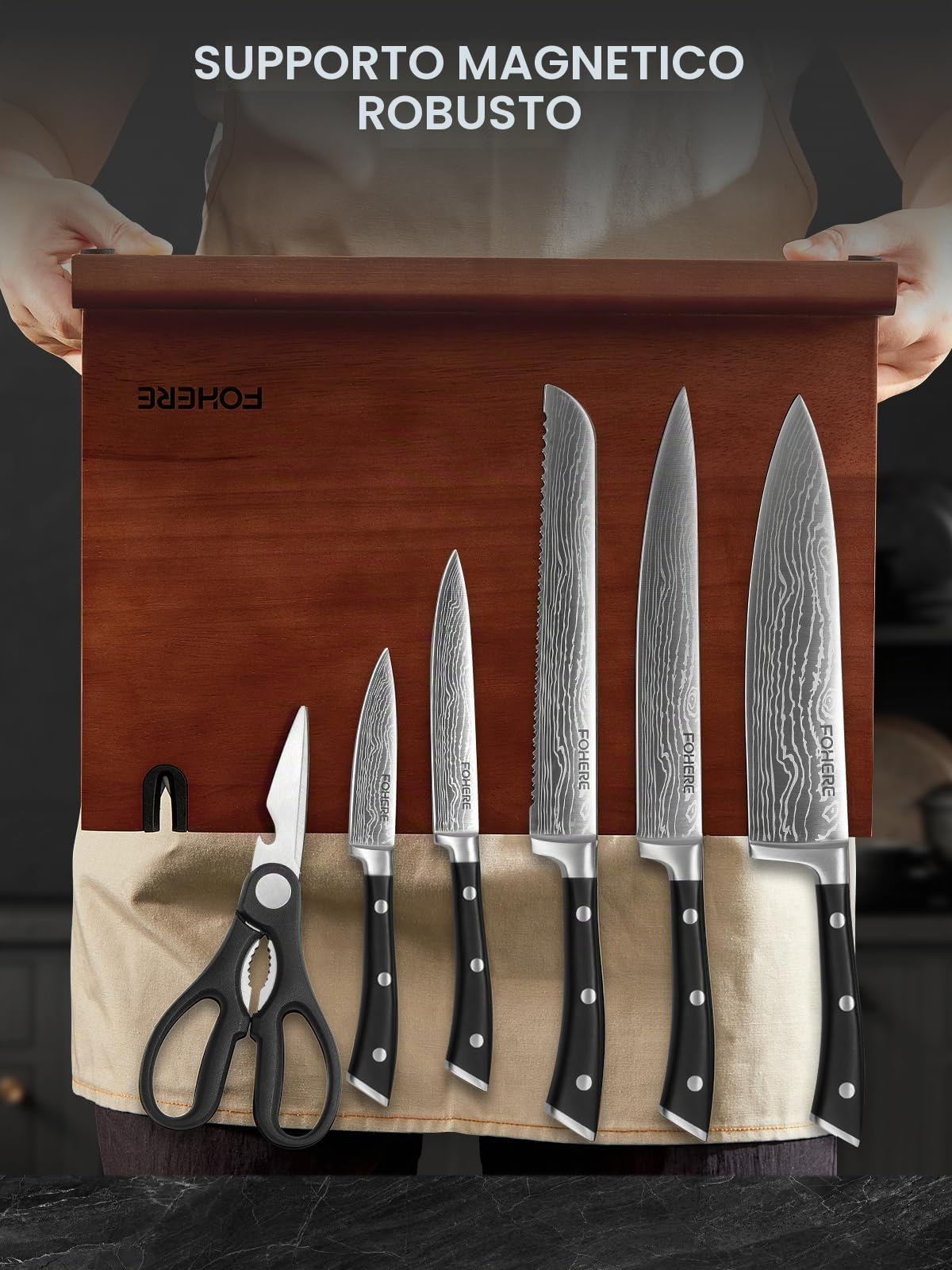 FOHERE Set di Coltelli da Cucina 7 Pezzi in Acciaio Inossidabile, Set di Coltelli con Ceppo Portacoltelli Doppio Lato Magnetico, Coltello da Cucina con Porta coltelli Magnetico in Acacia