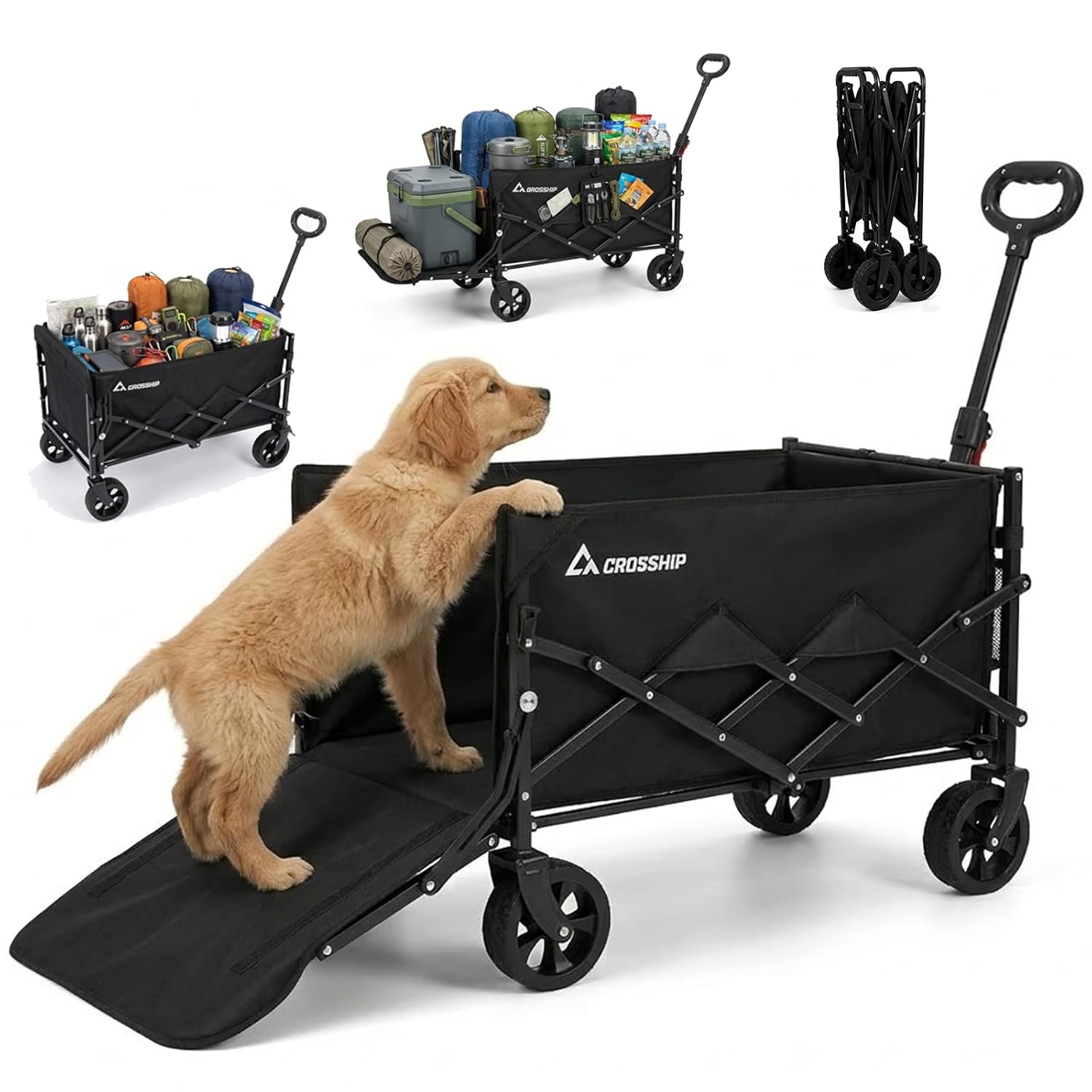Folding Pet Wagon for Dogs - 330 Lbs Heavy Duty Dog Cart, All-Terrain Collapsible Wagon for Beach, Shopping & Camping, Garden Cart with Drop-Down Tailgate for 1 Medium Dog or 2 Small Puppies