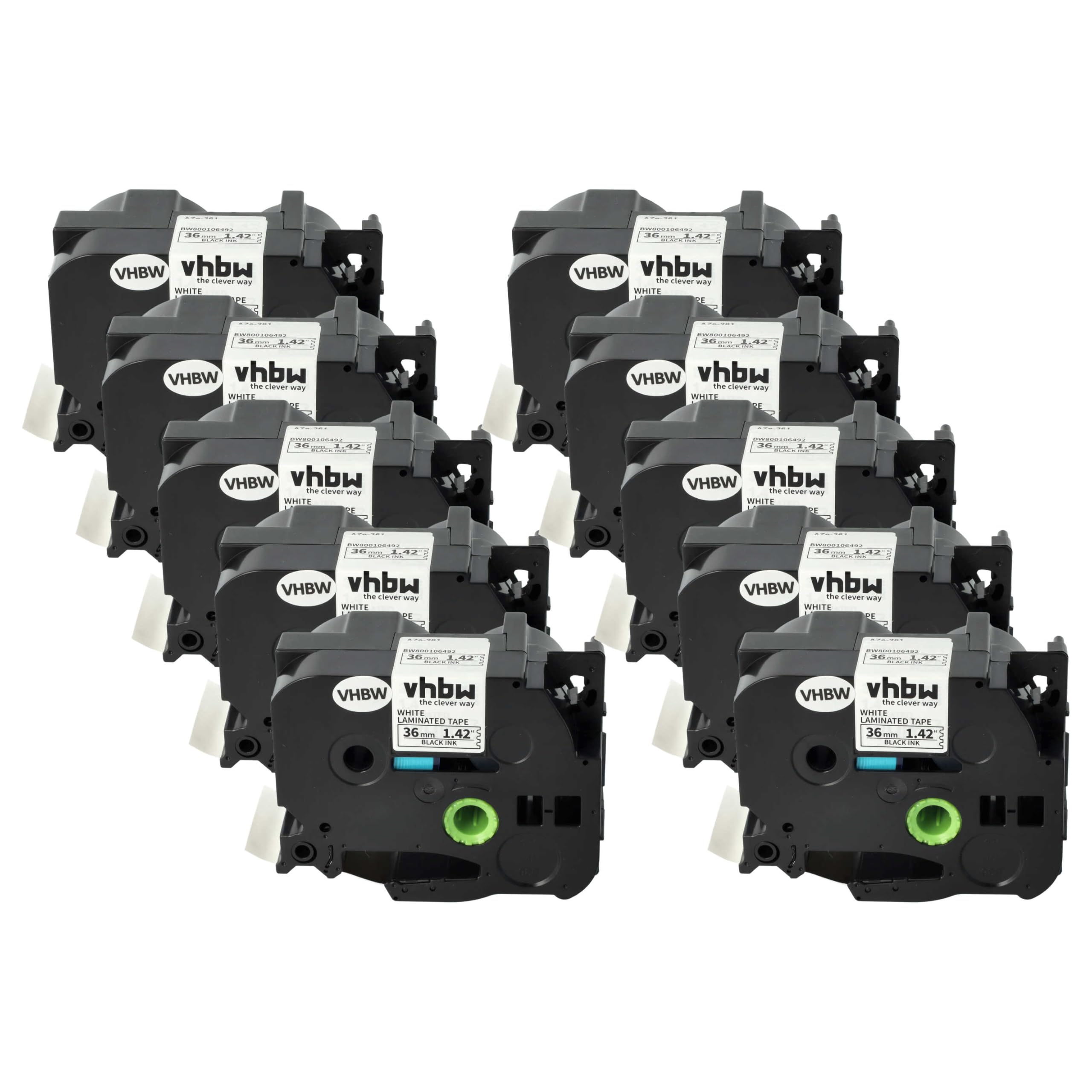vhbw 10x cinta de escritura compatible con Brother P-Touch 9600, 9800PCN, 9500pc, 9700PC impresora etiquetas 8m x 36 mm negro a blanco
