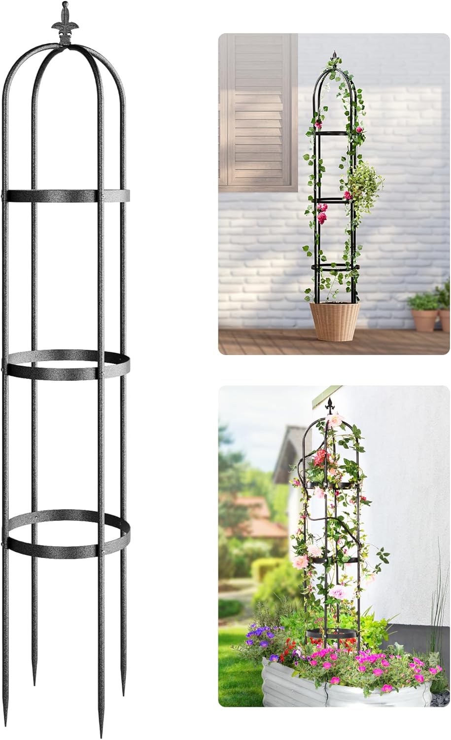 Idzo 100% Metal Obelisk Trellis for Climbing Plants Outdoor 6ft - 72in, Heavy Duty Black Garden Trellis for Climbing Vine with Hammer Stone Coated, 1pc Upgrade 100% Metal Obelisk Trellise _ Upgrade 2024 with