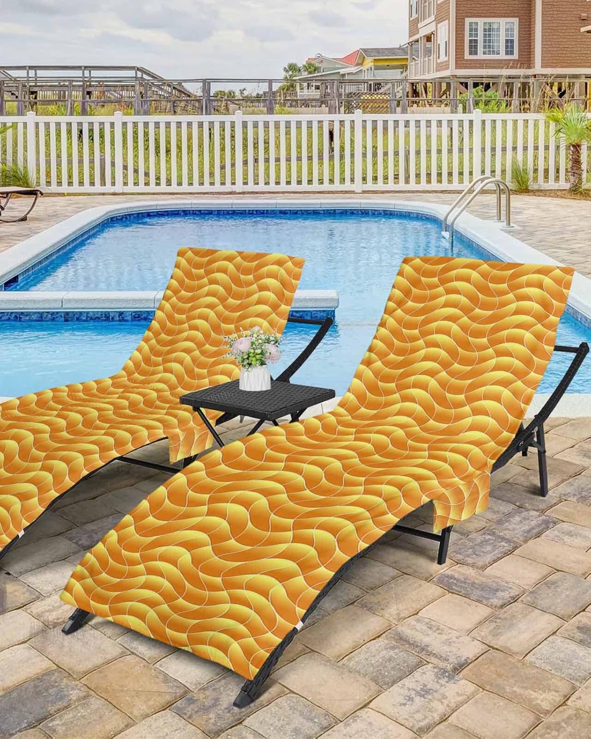 Minimalist Geometric Beach Pool Patio Lounge Chaise Chair Cover Towel With Pockets,Absorbent & Quick Dry Microfiber Towel Cover Bag Summer Accessories for Sunbathing Abstract Modern Geometric Orange