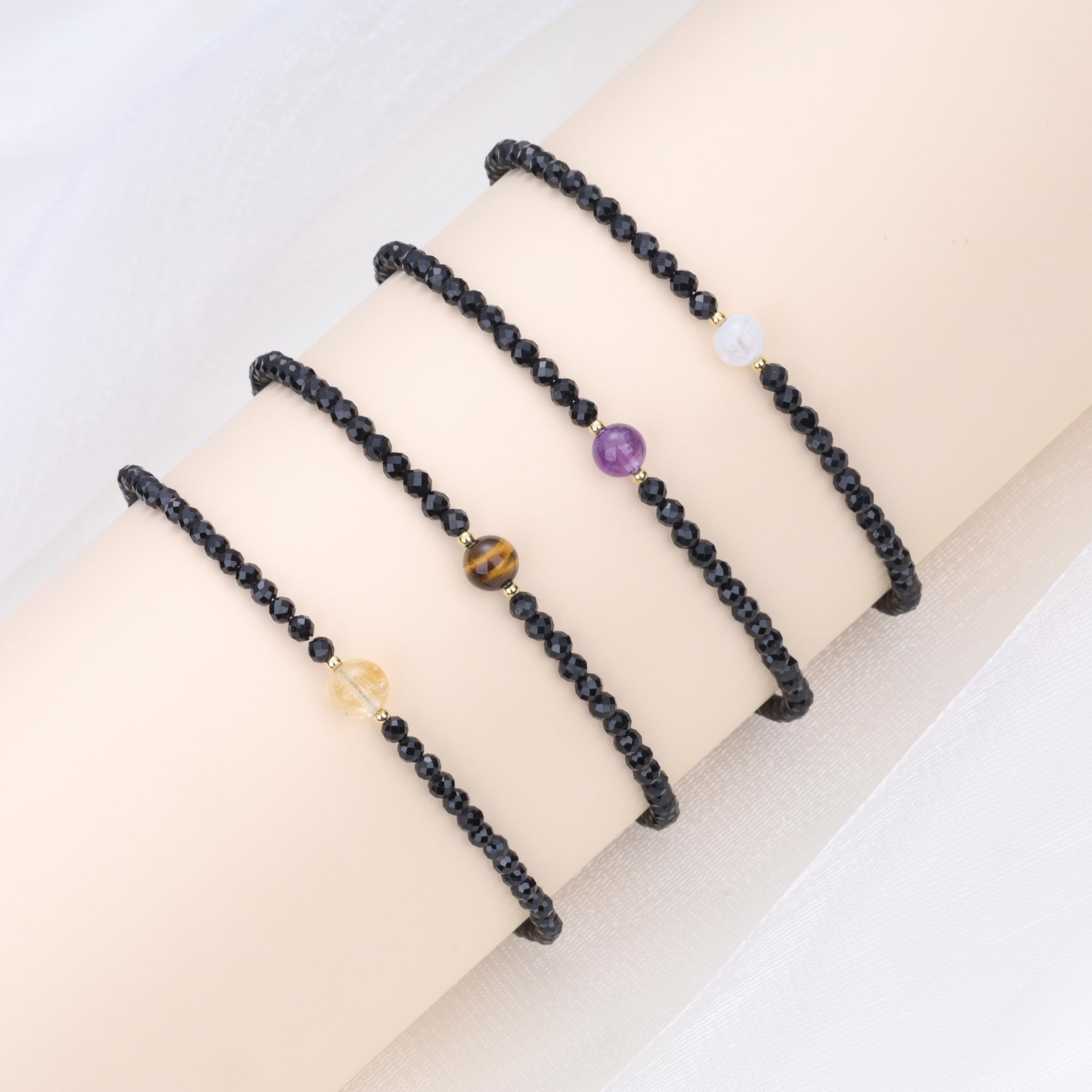 COAI Cavigliera Minimalista da Donna con Perline Sfaccettate di Tormalina Nera e Cristalli Naturali, Cavigliera di Tormalina Nera da Donna