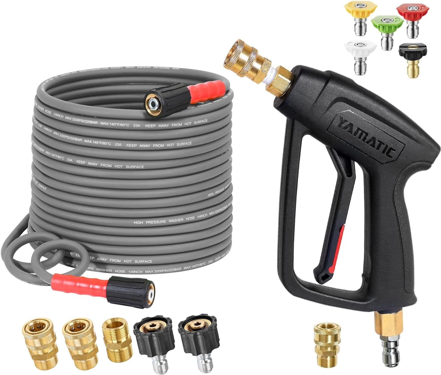 YAMATIC 3200 PSI Pressure Washer Hose 50FT X 1/4" and 4000 PSI 3/8" Swivel Quick Connect & M22 Short Pressure Washer Gun