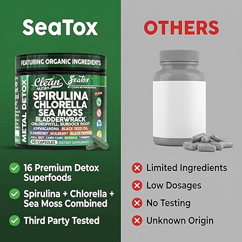 Miniatura 7 de Sea Tox Cápsulas de Espirulina y Clorella Orgánicas Limpieza Natural y Nutrición Musgo Marino Fucus Clorofila Raíz de Bardana Ashwagandha Cúrcuma 90