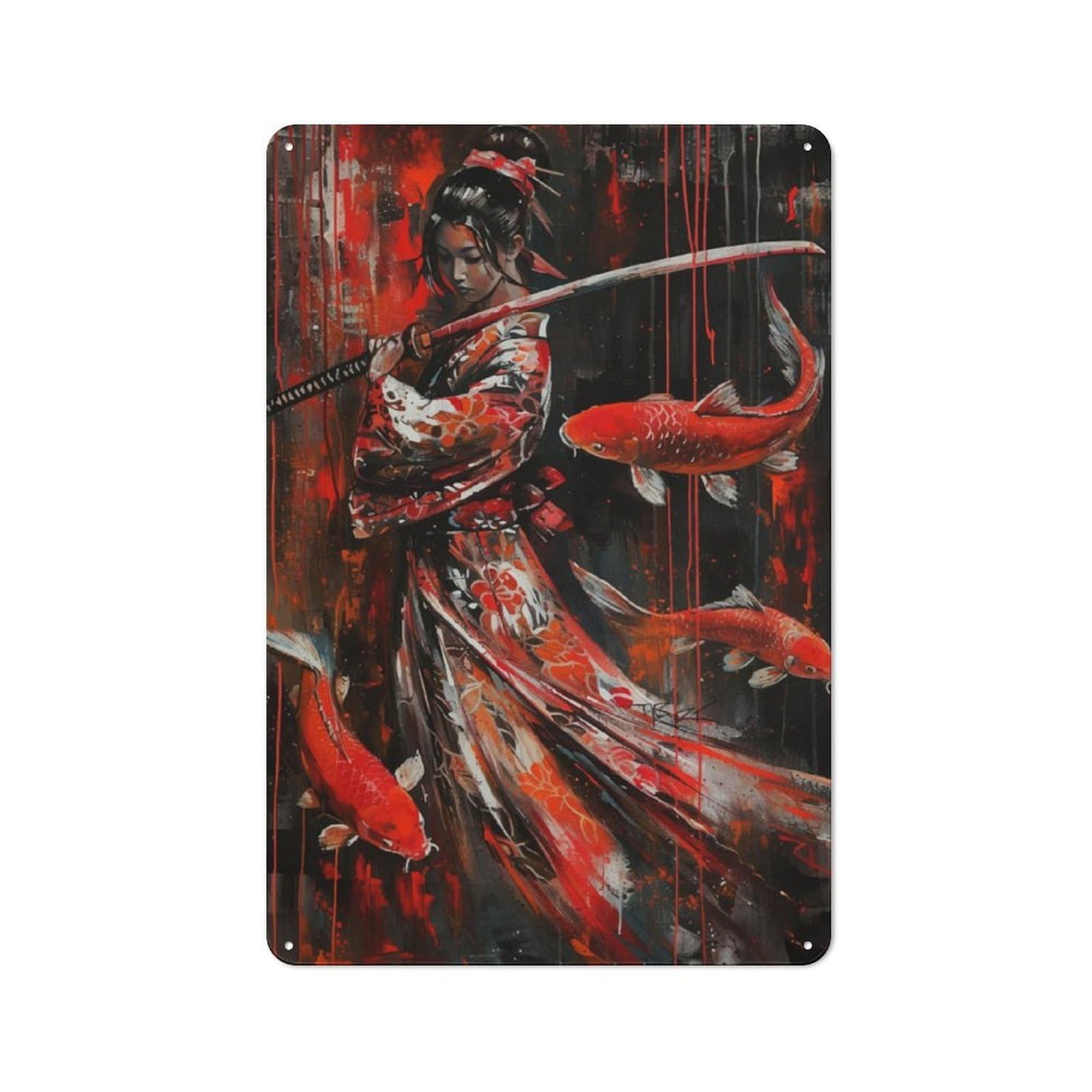 Junmoney Geisha Japanese Fish Koi Tin Wall Plaque 30X20cm With For Bar Or Restaurant, Autumn Wall Decor For Hospitality Decor Collectors