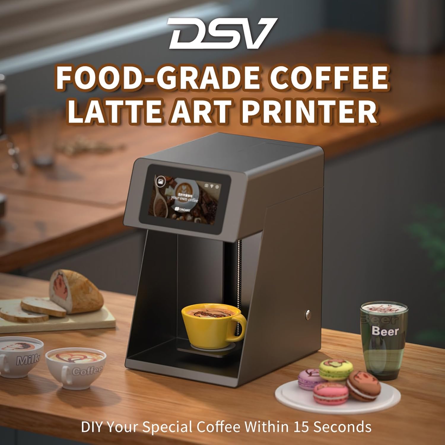 DSV Coffee Printer Food Grade Safe Custom Latte Art Machine with WiFi for Printing Photos Text on Lattes Cakes Cocktails Perfect for Cafes Bars Events